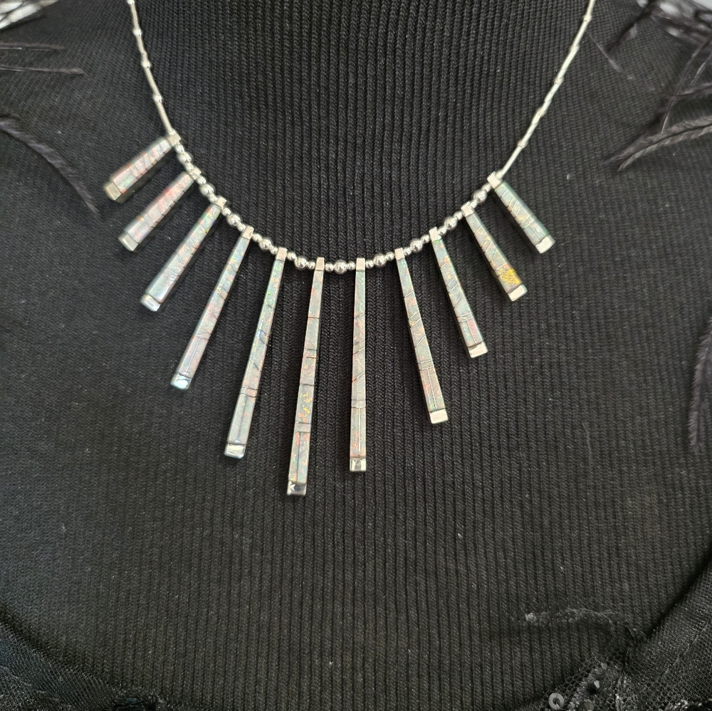 🆕️Chic STERLING Silver BAR Necklace with OPAL Inlay Details - Picture 6 of 14